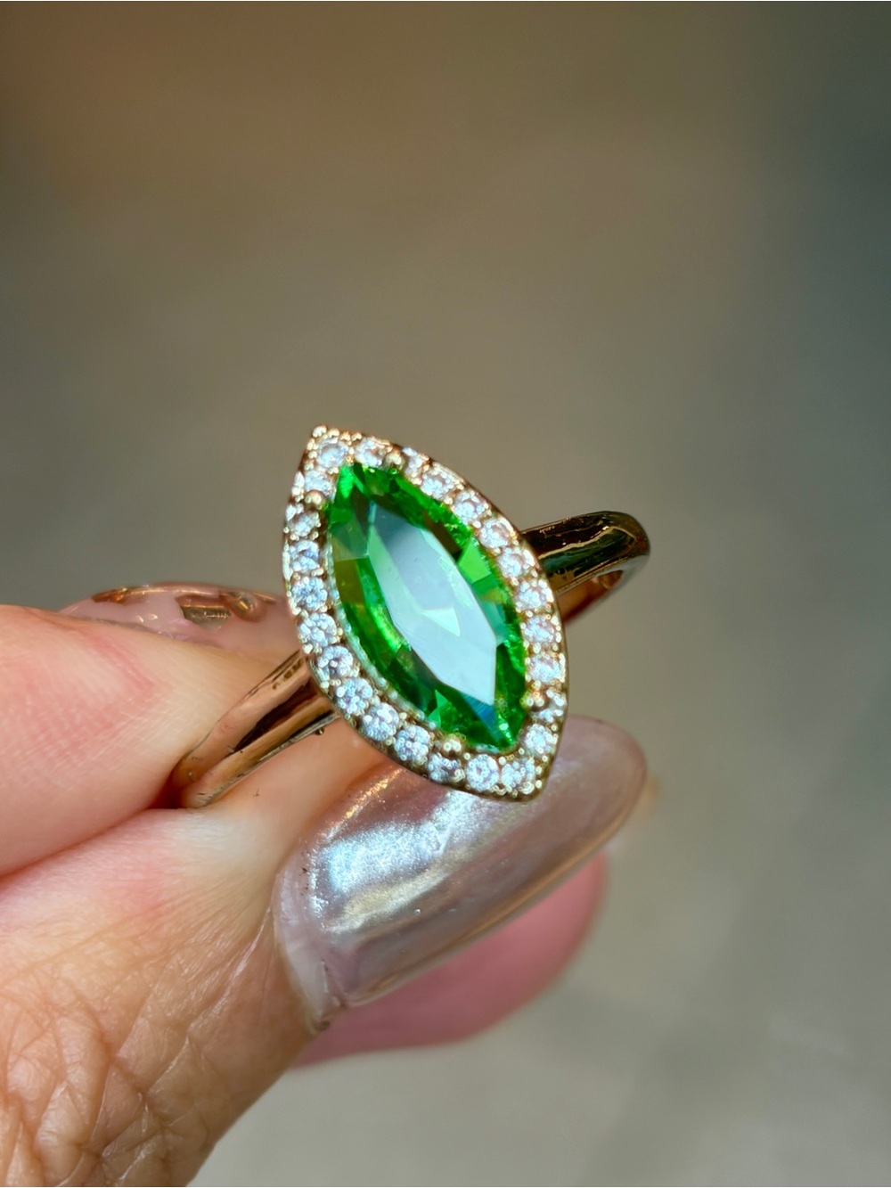New Marquise-Cut Simulated Tsavorite Gold Tone CZ Halo Eternity Ring 9